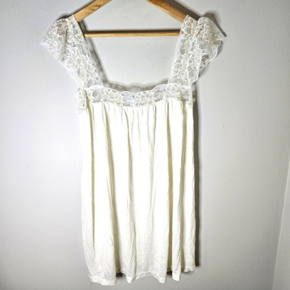 Eberjey Short Nightgown Chemise Lace Angel Sleeves Rayon Satin Cream Ivory L